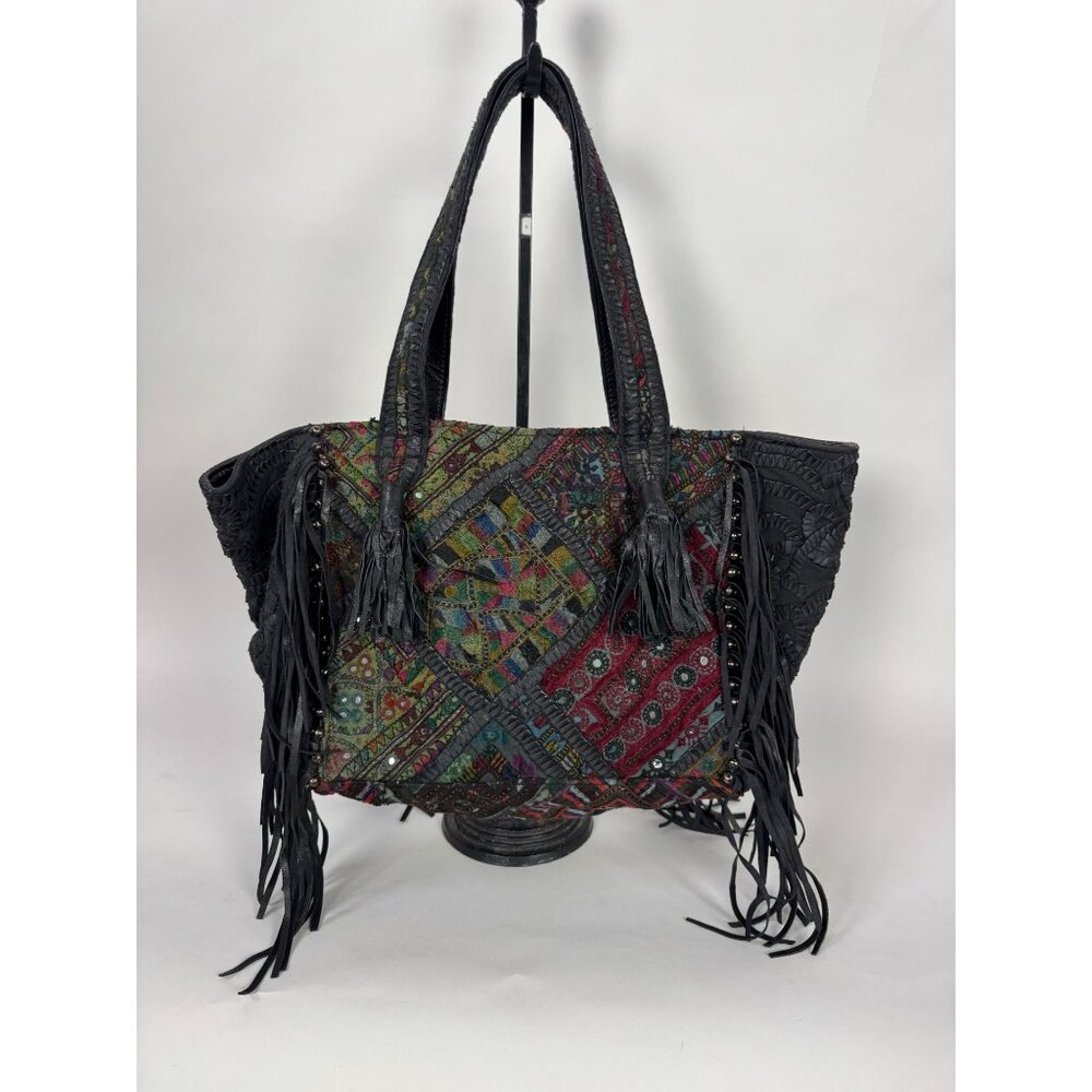 Clever Carriage Patchwork Boho Shoulder Bag With Fringe & Stud Details